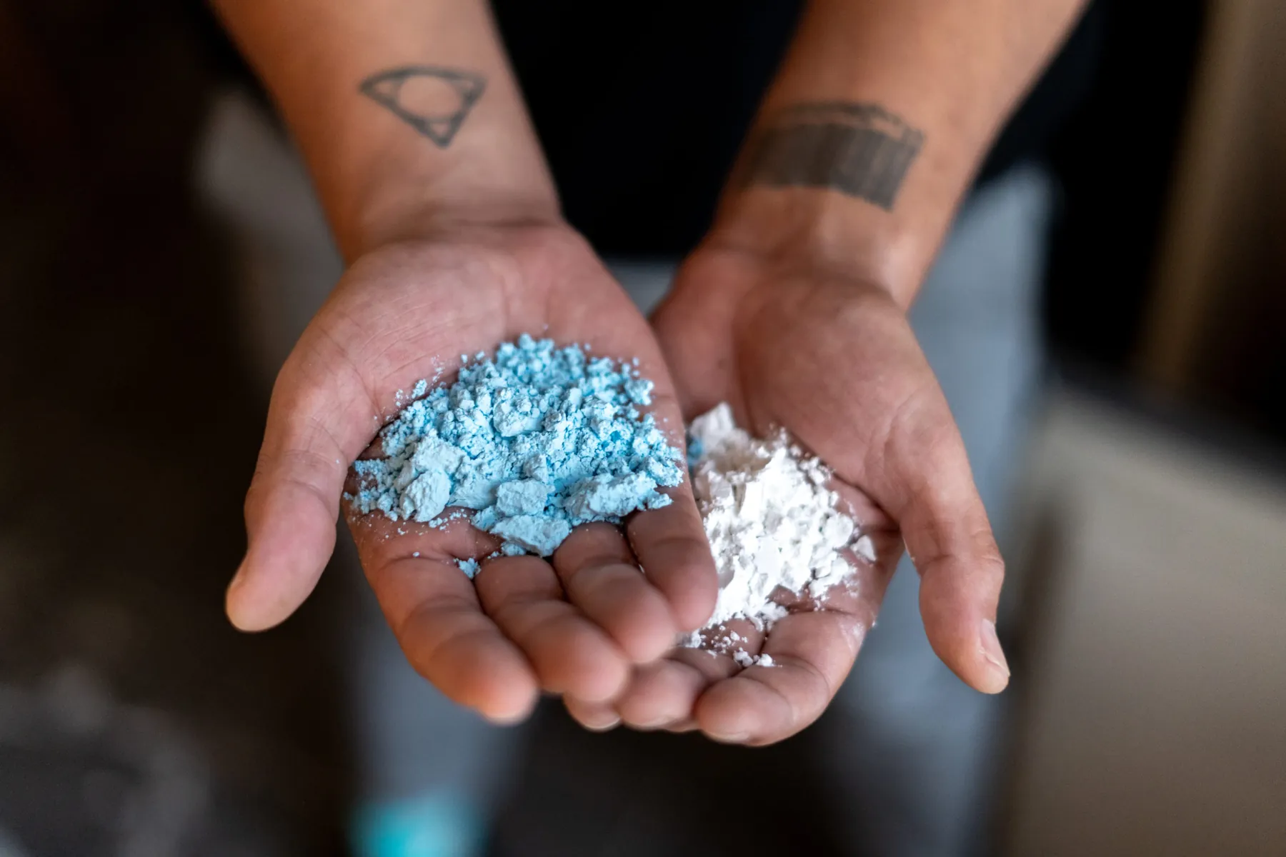 Hands holding blue and white pigment
